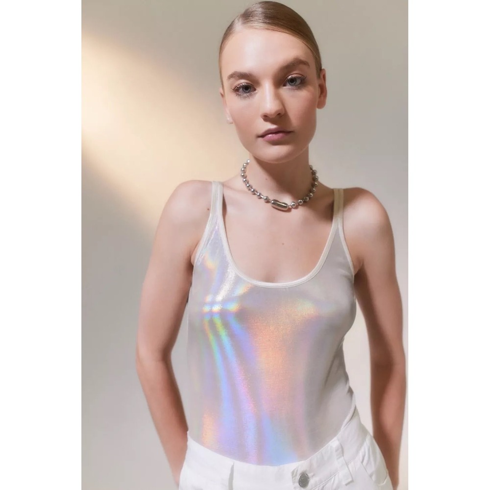 Out From Under Crystalline Holographic Bodysuit Womens L Silver Metallic Shimmer